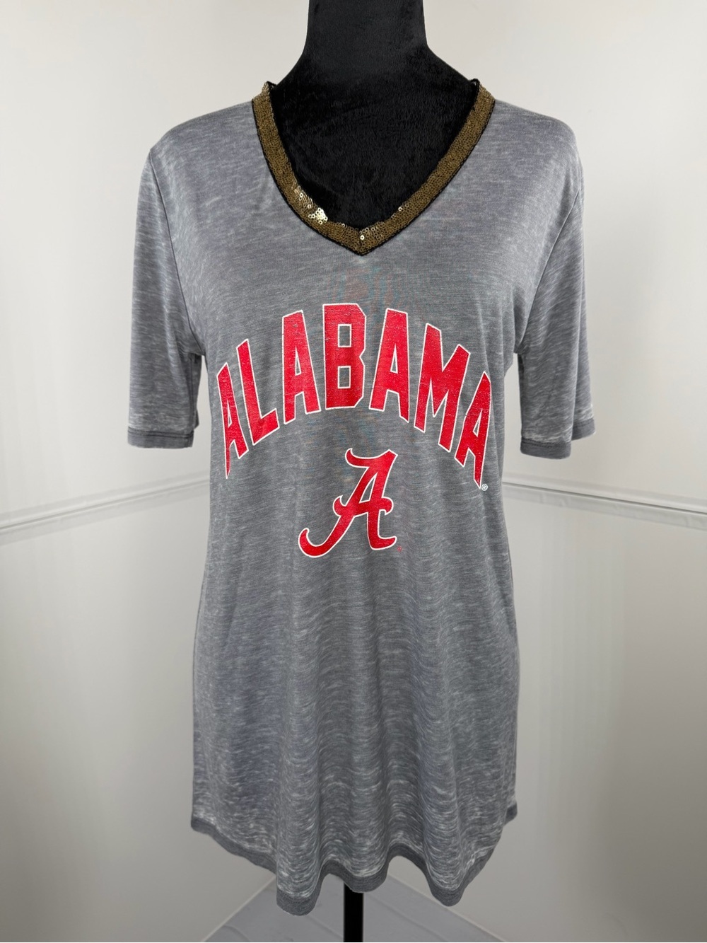 Game Day Couture Alabama Crimson Tide Gray Sequin V-Neck Top Size Large